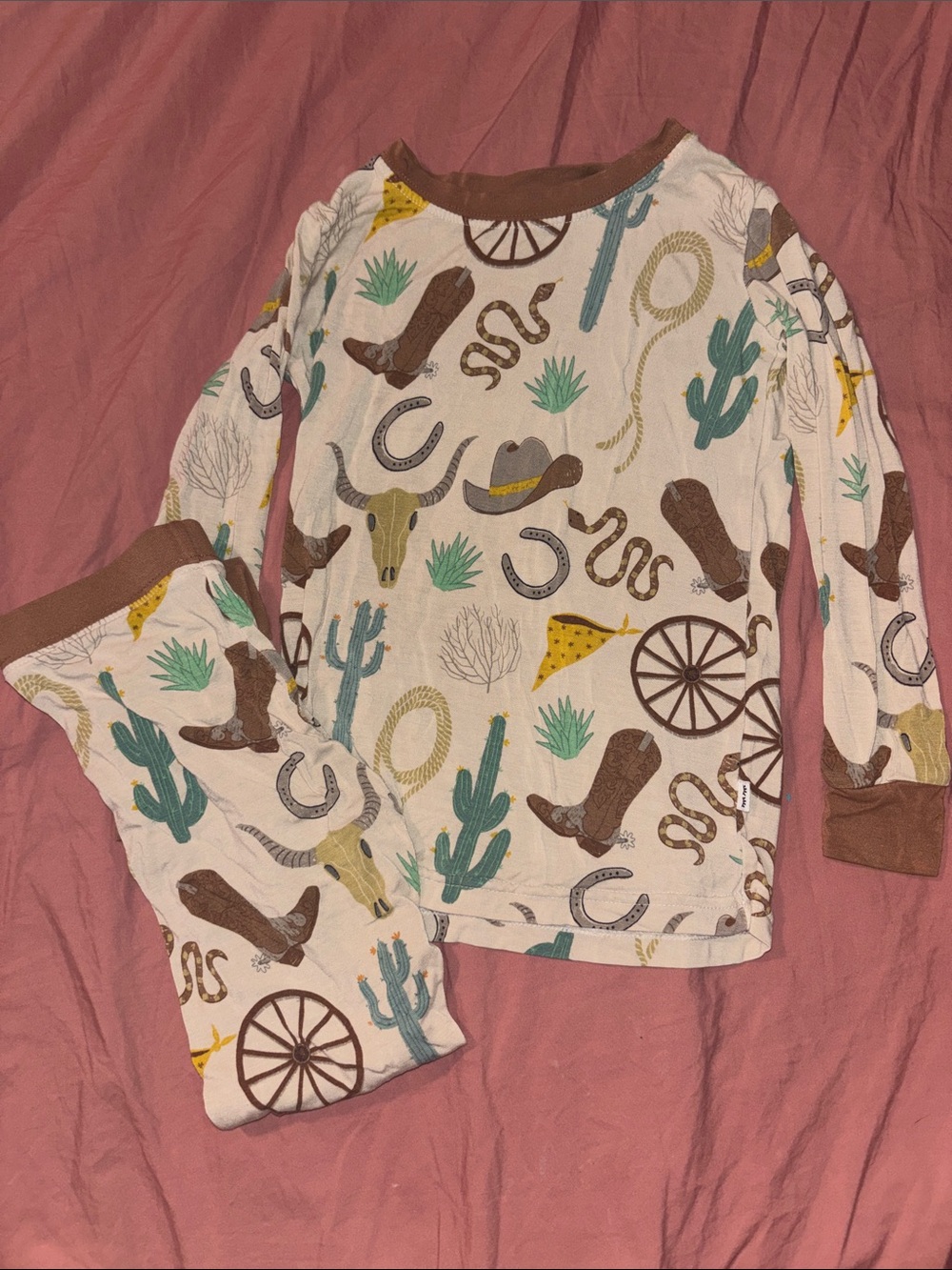 Kids Western-Themed Long Sleeve Pajama Set - Cream & Brown